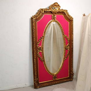 Oversize Gold Framed Mirror with Pink Upholstery: Oversize Gold Framed Mirror with Pink Upholstery - 84 in tall x 47 x 7