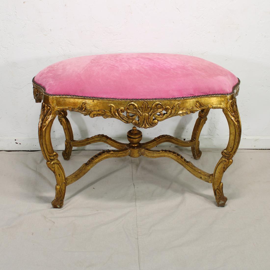 French Style Gold Gilded Bench with Pink Upholstery (1 of 5)