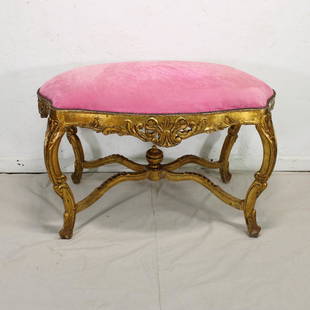 French Style Gold Gilded Bench with Pink Upholstery: French Style Gold Gilded Bench with Pink Upholstery 30 in tall x 45 x 29