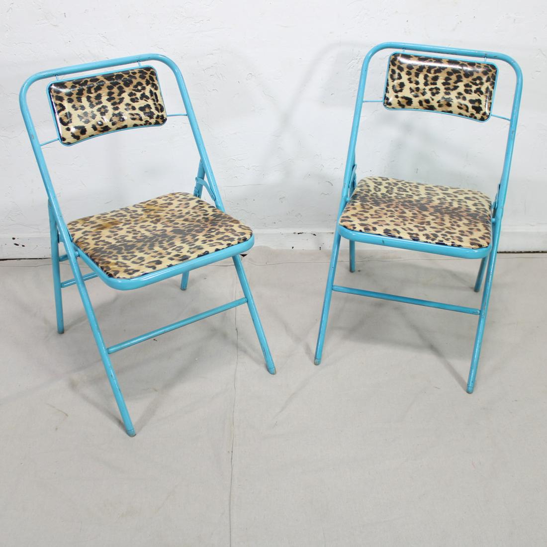 Two Turquoise Metal Folding Chairs with Cheetah Print (1 of 3)