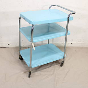 Vintage Three Tier Turquoise Metal Cart: Vintage Three Tier Turquoise Metal Cart - 32 in tall x 35 x 19