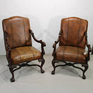 Pair of Leather Arm Chairs With Stitching: Pair of Leather Arm Chairs With Stitching 47 in tall x 30 x 29