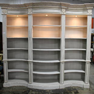 White Painted Curved Library Bookcase with Gold Accents: New Item, White Painted Curved Library Bookcase with Gold Accents - 99 in tall x 108 wide x 26 - All shelves fully adjustable.