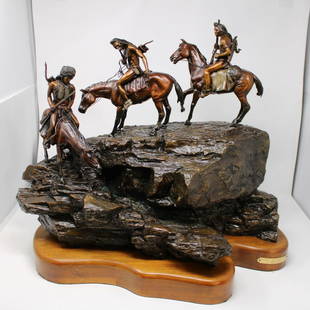 Bronze Figure on Wood Base - Indian Scouting Party: Bronze Figure on Wood Base - Indian Scouting Party - C. M. Russell - 21 tall x 24 x 13