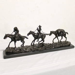 Bronze Figure on Marble Base - Two Cowboys & Three: Bronze Figure on Marble Base - Two Cowboys & Three Horses - Signature " C. M. Russell" 13 tall x 34 x 7