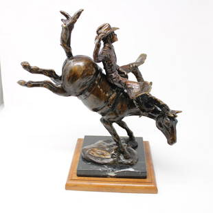 Bronze Figure on Marble & Wood Base - Rowling Out -: Bronze Figure on Marble & Wood Base - Rowling Out - 1988 - Signed "Ron Sweeten" 16 in tall x 15 x 9