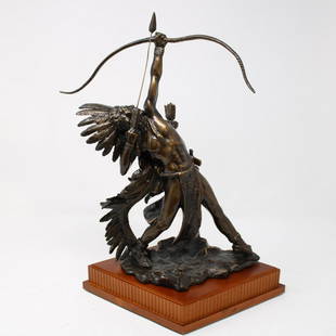 Bronze Figure on Wood Base - Indian Shooting and Arrow: Bronze Figure on Wood Base - Indian Shooting and Arrow - 19 in tall x 14 x 10