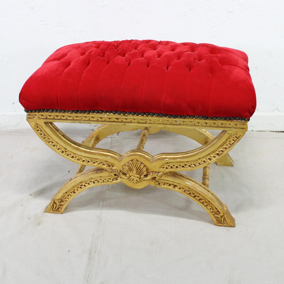 Gold Painted Carved Wood Bench with Red Upholstery (1 of 4)