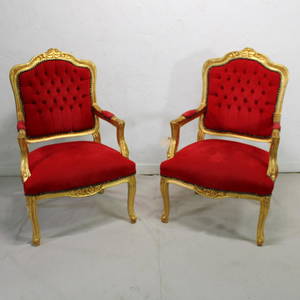 Pair of Gold Painted Carved Chairs with Red Upholstery