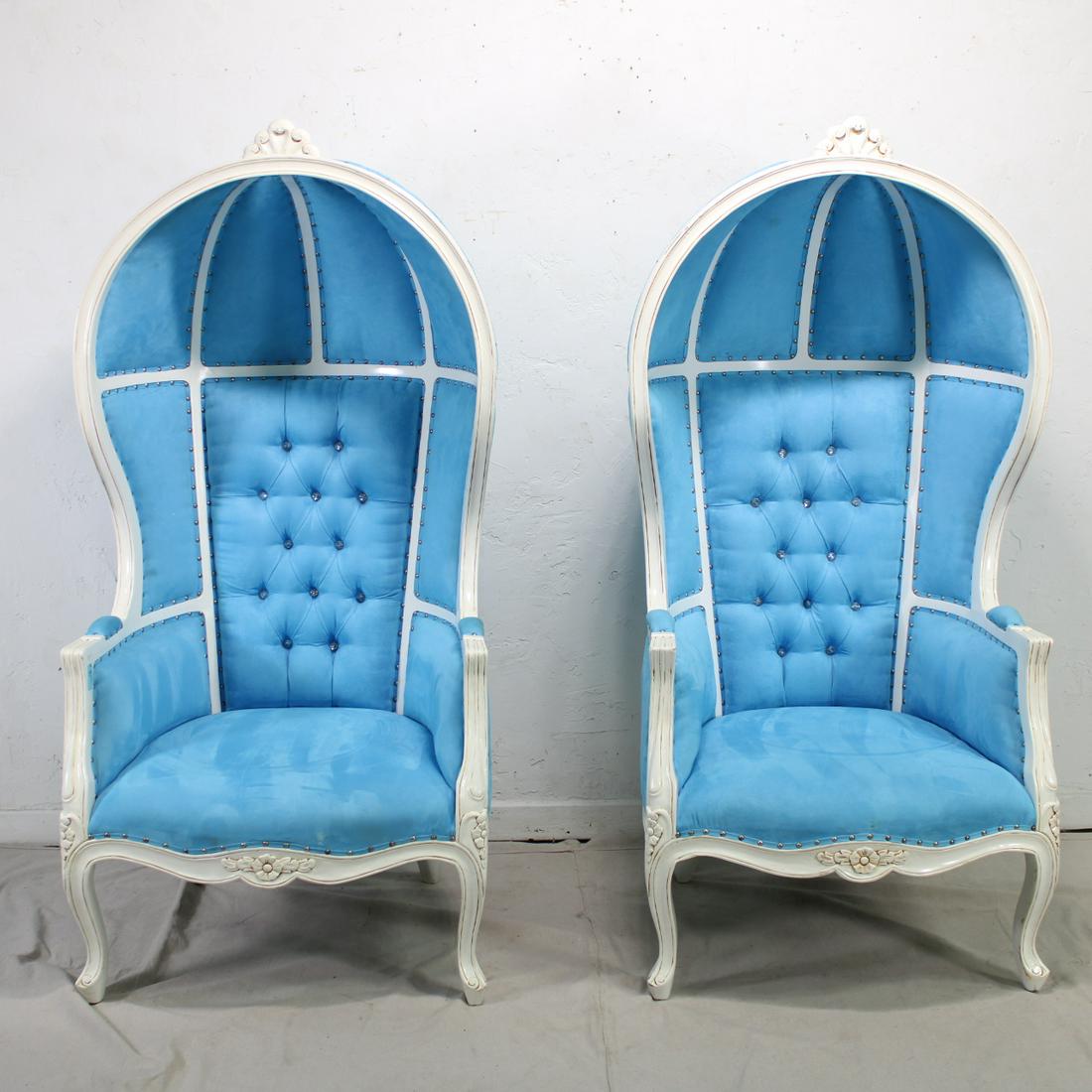 Pair of Button Tufted Balloon Chairs in Blue Upholstery (1 of 5)