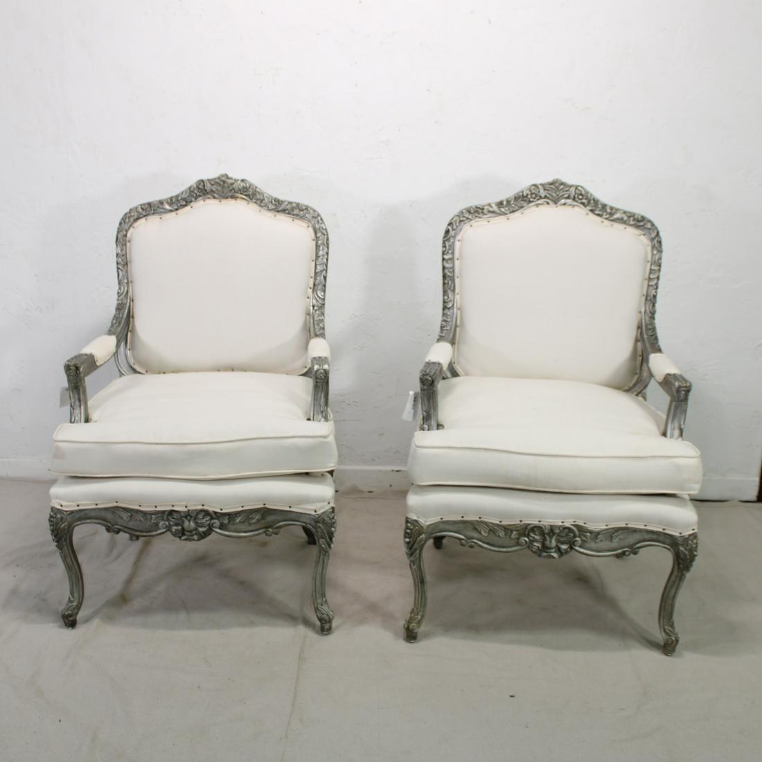 Pair of Carved Arm Chairs with White Upholstery (1 of 5)