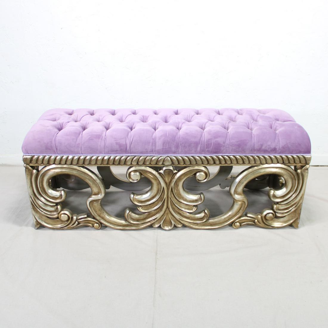 Lavender Button Tufted Brushed Silver Carved Base Bench (1 of 5)