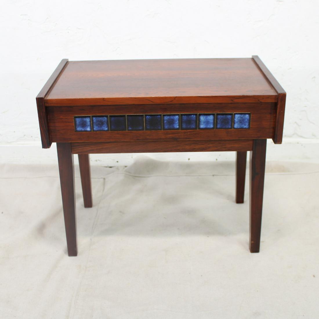 Small Rosewood Single Drawer Console with Blue Tiles: Small Rosewood Danish Modern Single Drawer Console with Blue Tiles - 18 tall x 22 x 14