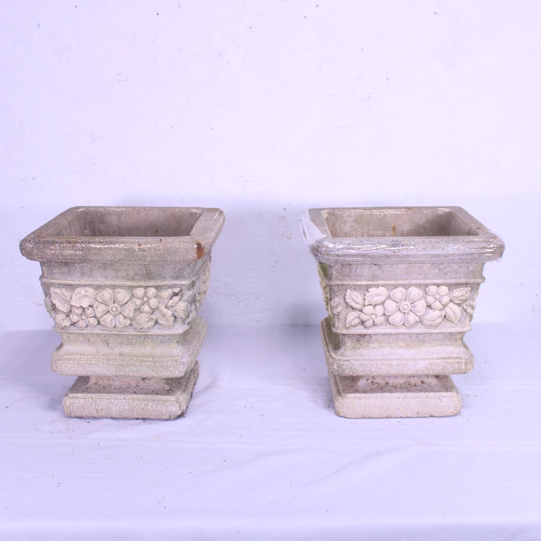 Pair of  Square Stone Planters with Floral Motif (1 of 5)