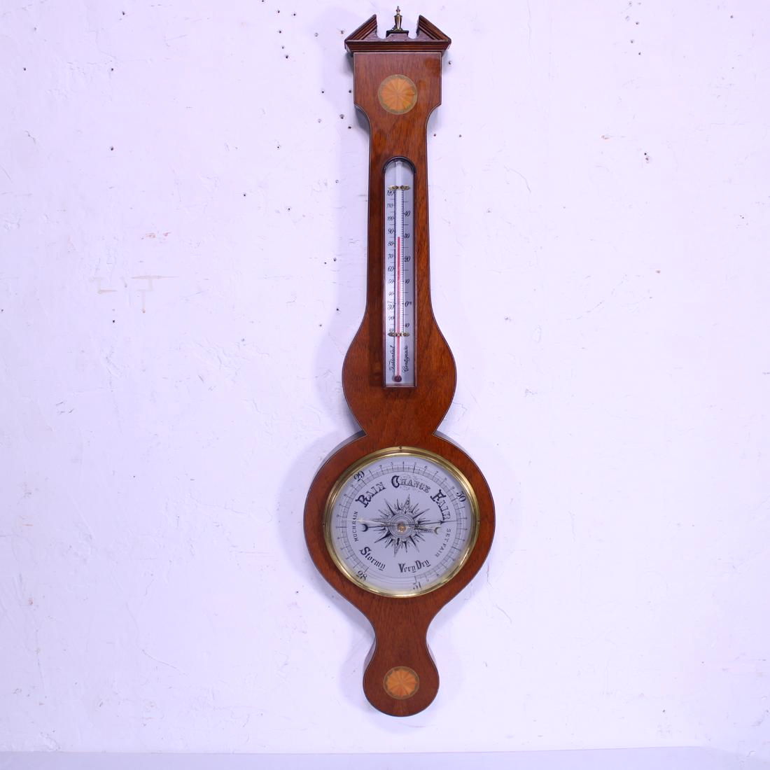 Inlaid Mahogany Aneroid Barometer: Inlaid Mahogany Aneroid Barometer - 39 in tall x 11
