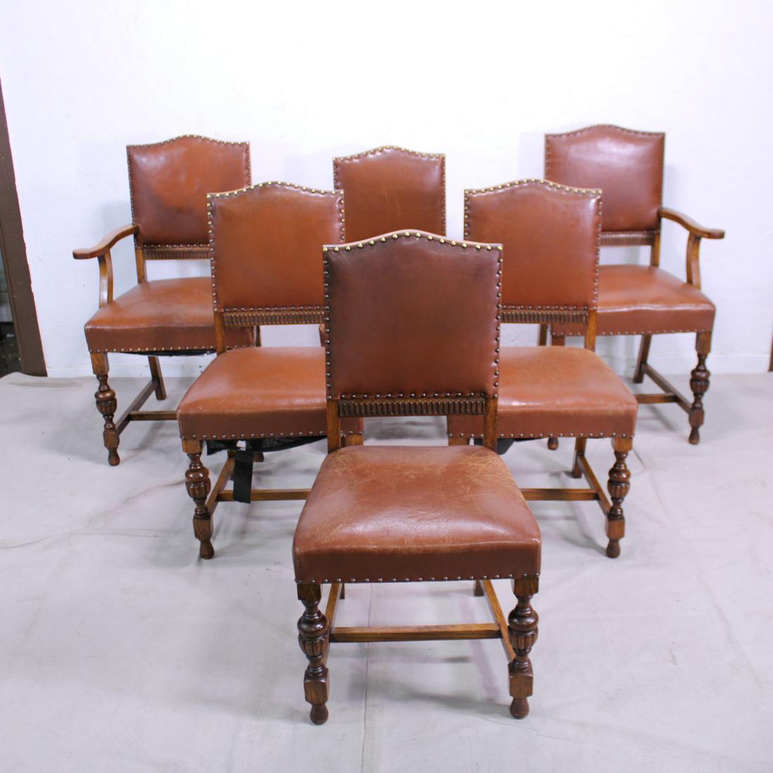 Set of 6 Oak leather back Chairs 4 + 2 Carver chairs (1 of 8)