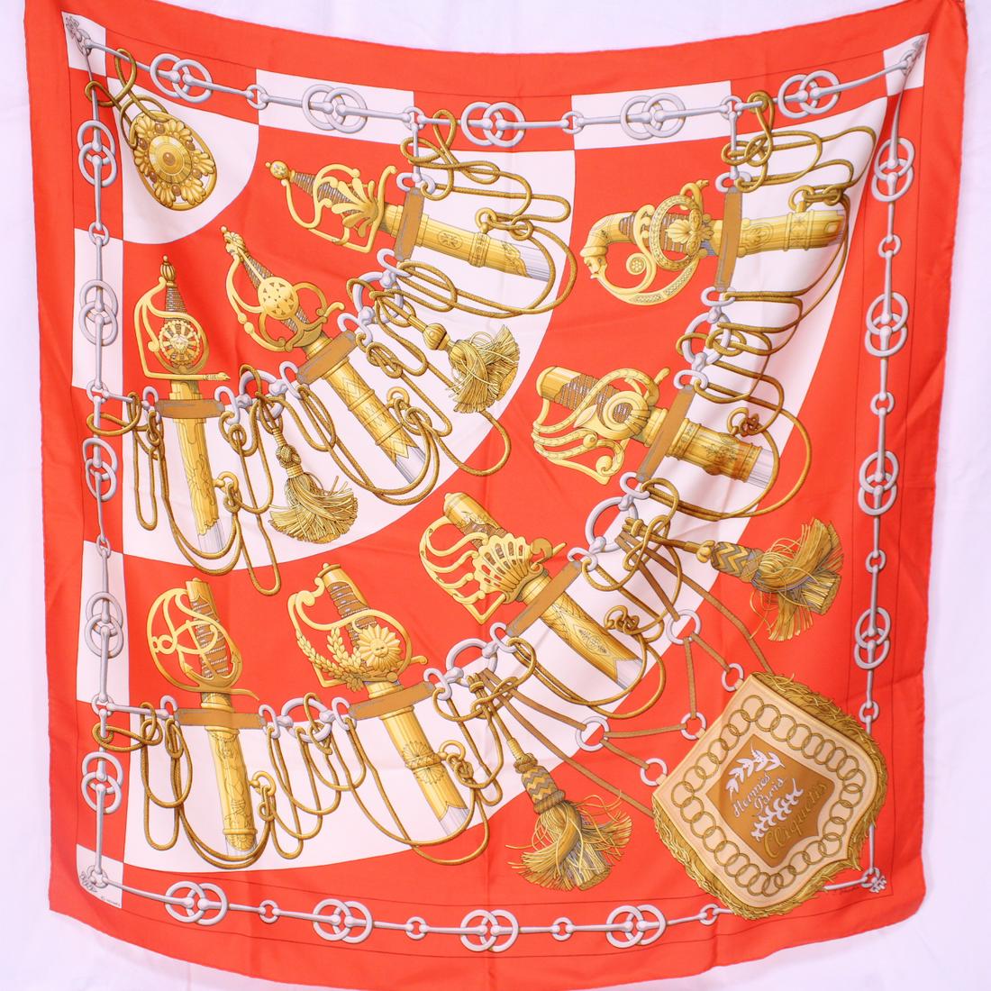Hermes Scarf "Cliquetis" by Julia Abadie: Genuine Pre-Owned Hermes Scarf "Cliquetis" by Julia Abadie in Orange/Brown/Yellow/Gray/Beige 100% Twill Silk in AB condition. Measurements: 90*90cm (Length * Height * Width). This lot includes a certi