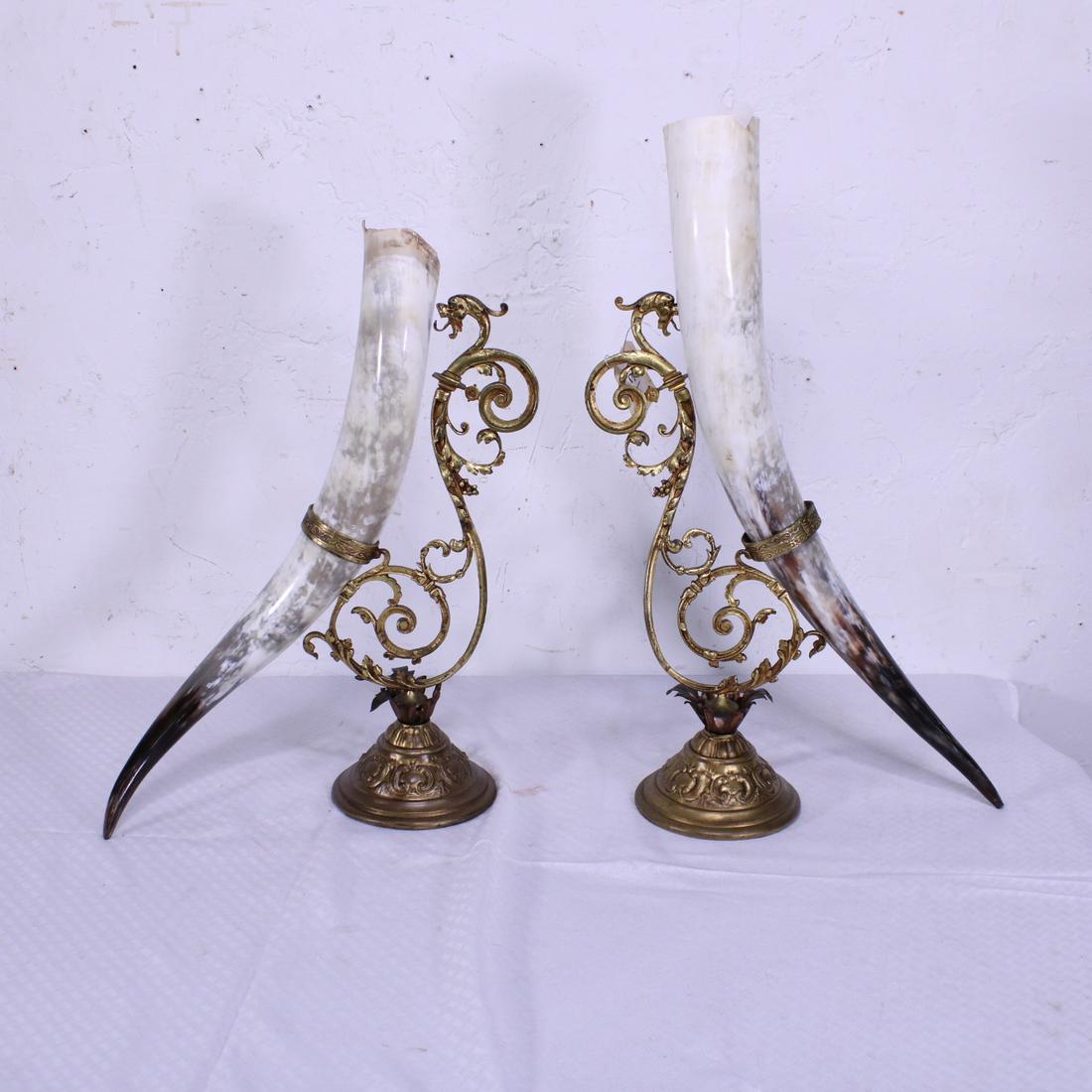 Pair of Scrolled Brass Horned Epergnes: Pair of Scrolled Brass Horned Epergnes - 25 in tall x 21 in x 6