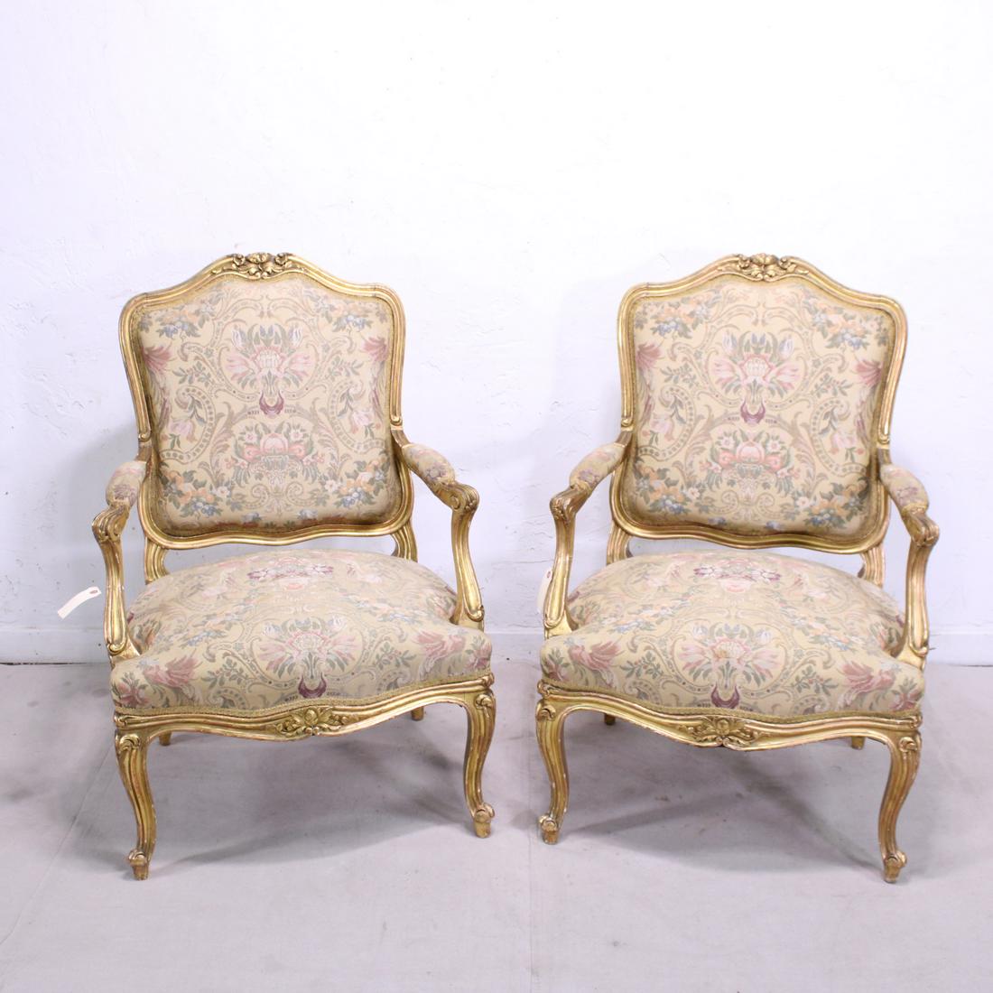 Antique Louis LXV Style Gold Upholstered Arm Chairs (1 of 7)
