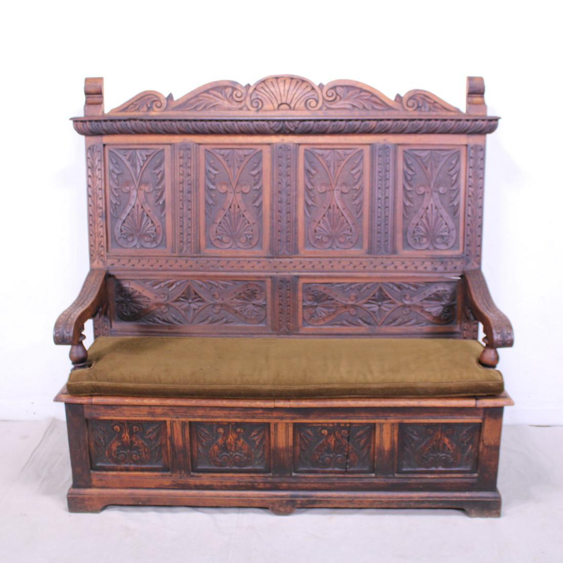 Large Oak, Carved High Back Lift Seat Bench (1 of 8)