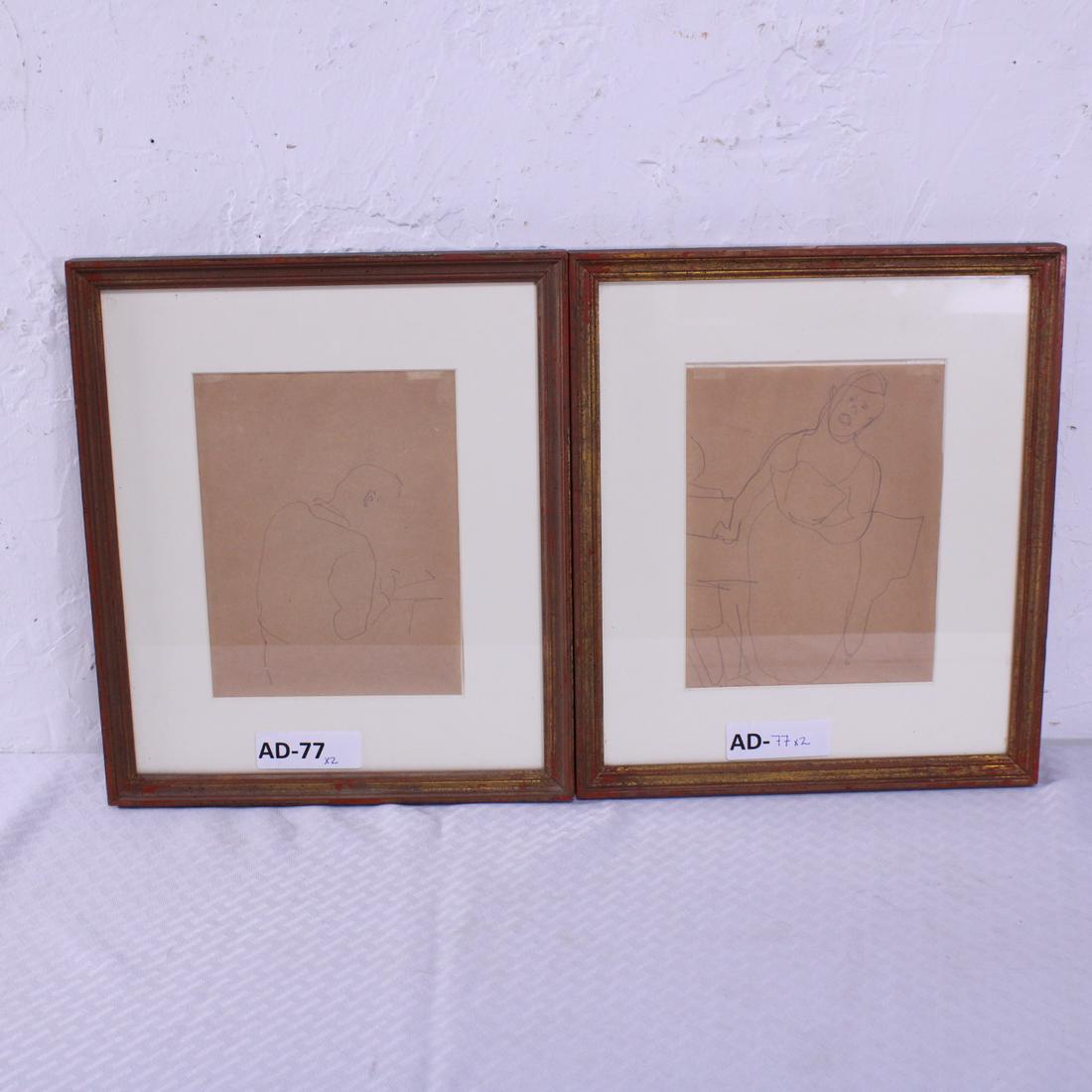 Pair of Framed  Pencil Sketches  by Jean Cocteau #1 (1 of 4)