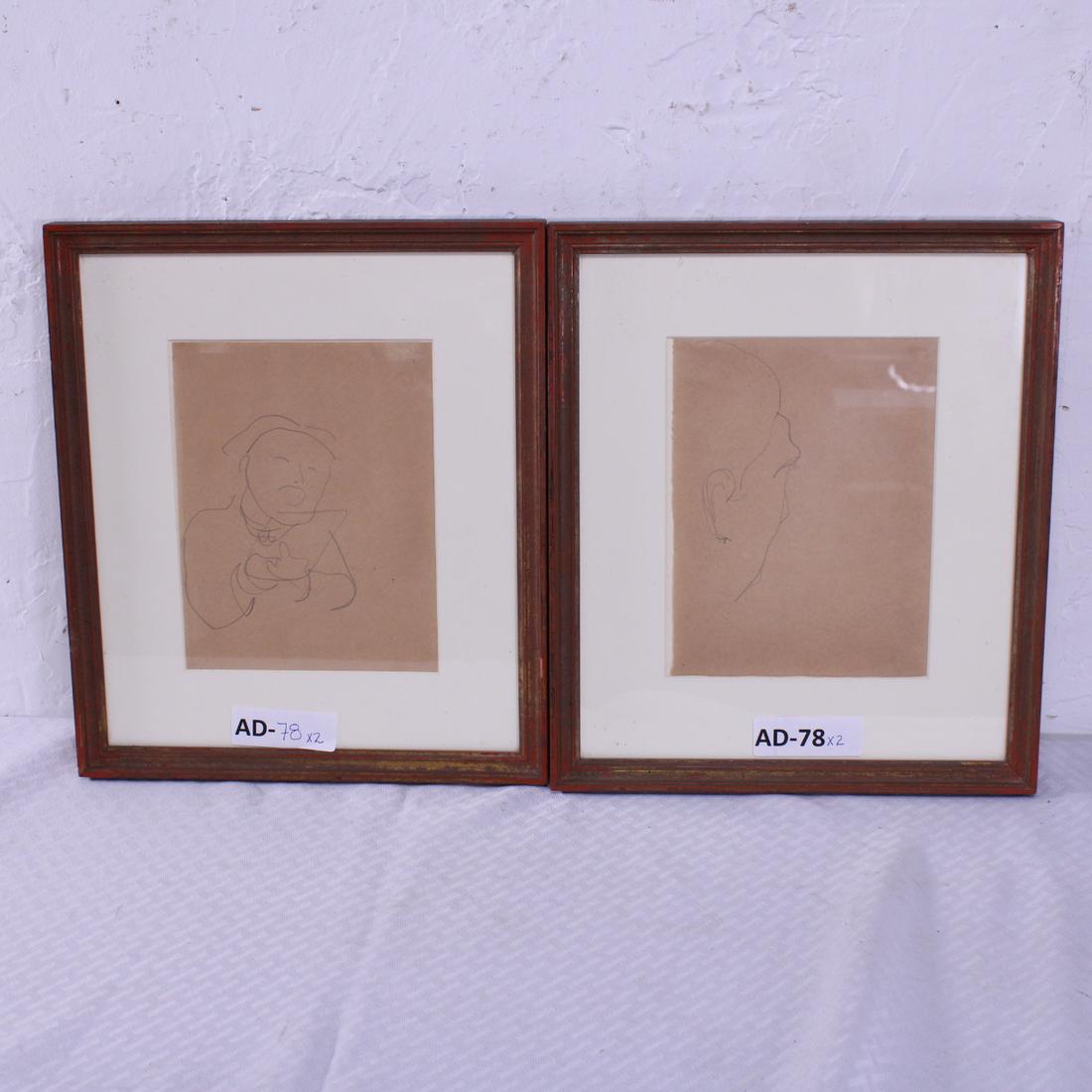 Pair of Framed  Pencil Sketches  by Jean Cocteau #2 (1 of 3)