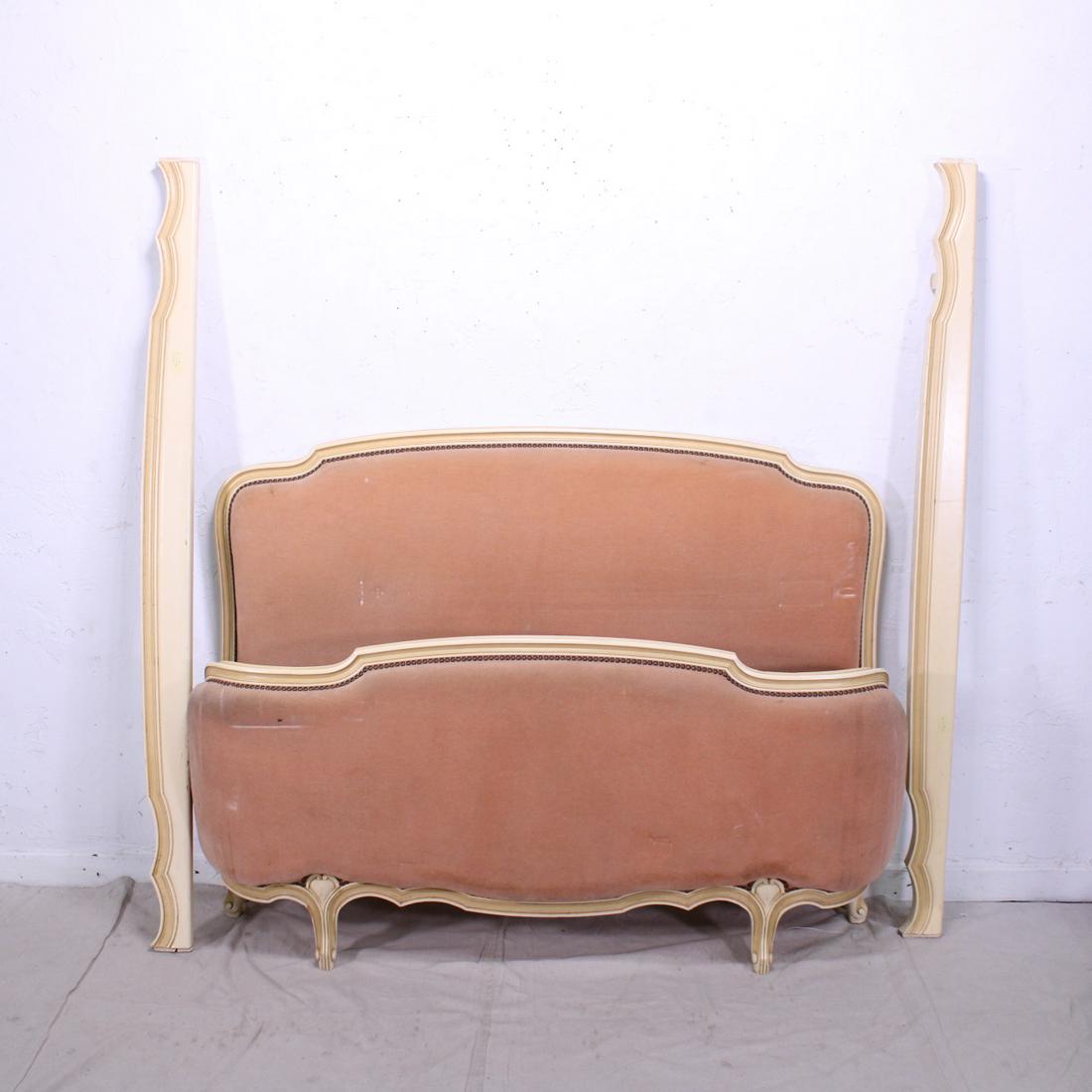 Louis XV Upholstered Painted Pink French Bed: Louis XV Upholstered Painted Pink French Bed headboard is 45 in tall x 60 wide. rails are 67 in long. This bed is a European Size which can easily be converted to an American size by removing the rail