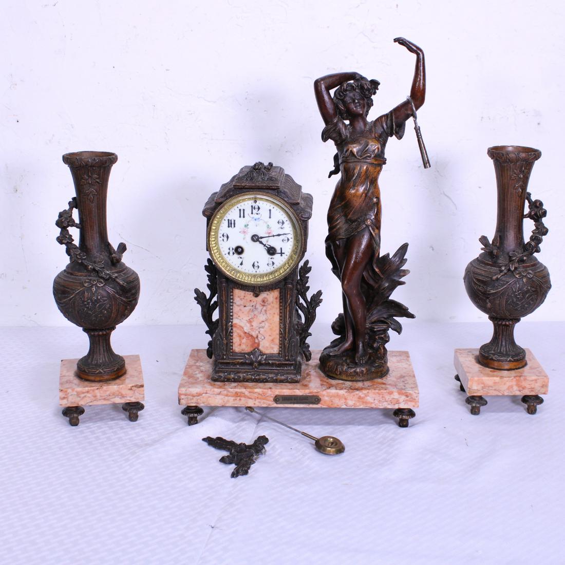 3 Piece Figural French Clock Set on Pink Marble Bases (1 of 7)