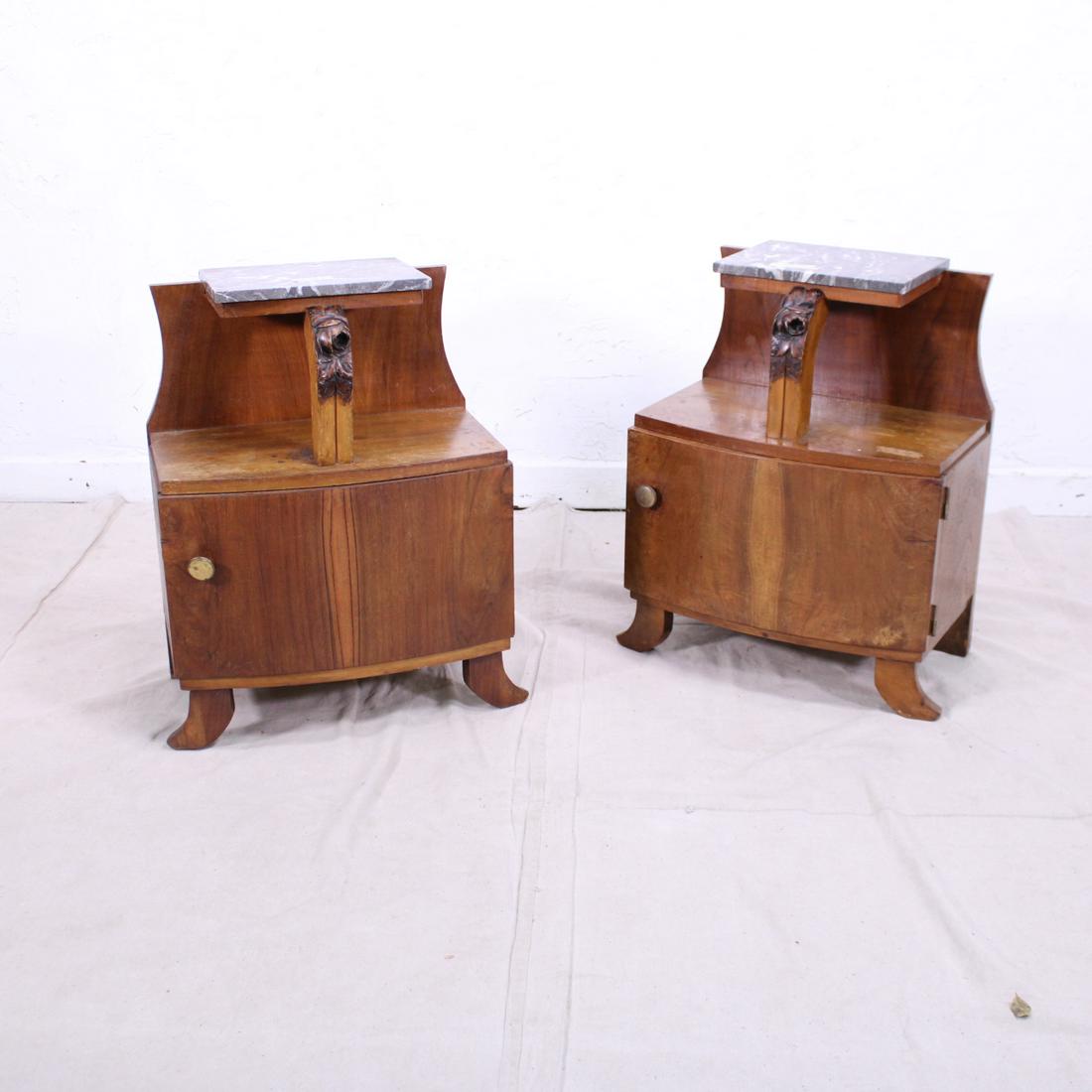 Pair of French Deco Pot Cupboards with Marble Top in: Pair of French Art Deco Nightstands with Marble Tops in Walnut - 21 in tall x 19 x 12