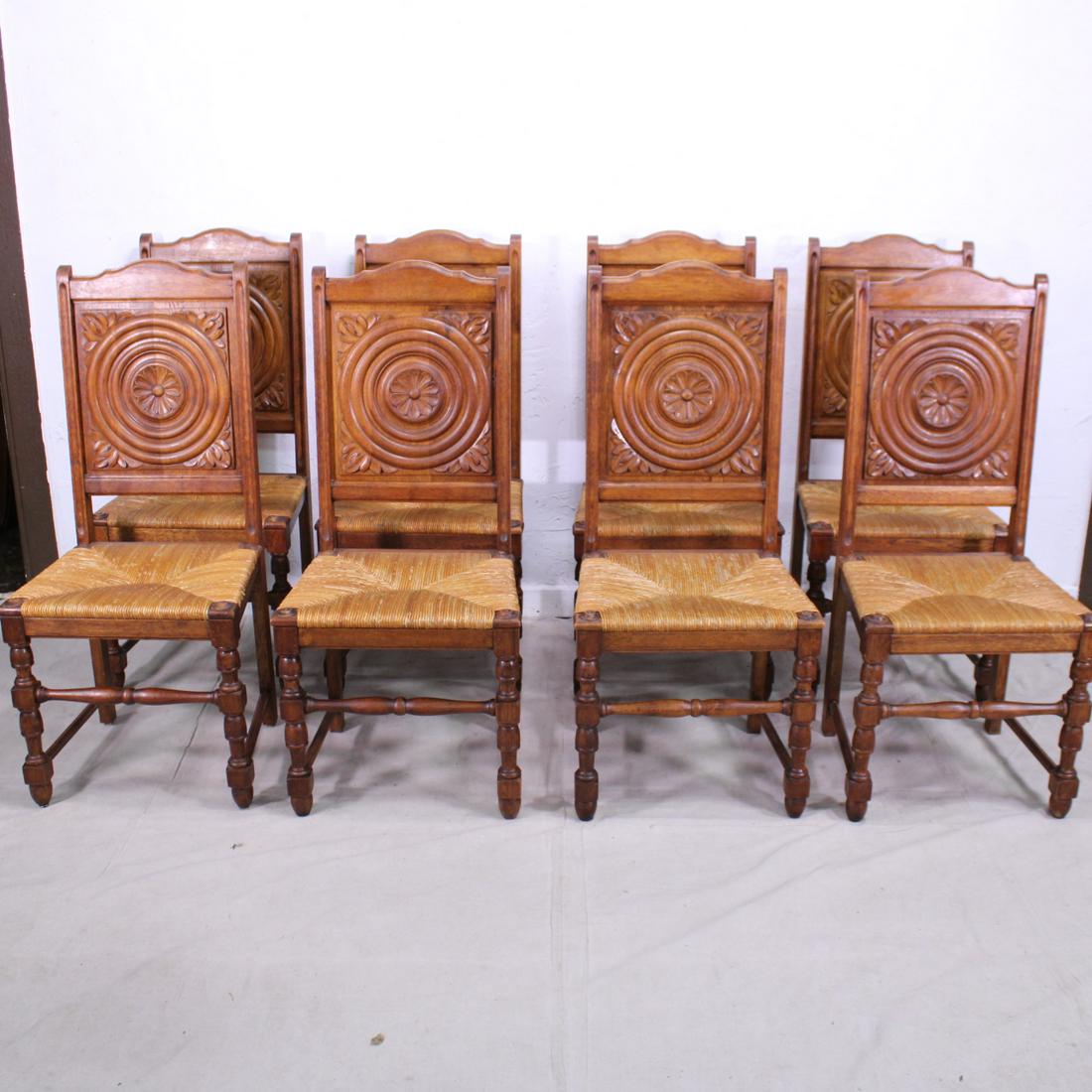 Set of 8 French Renaissance Style Rush Seat Chairs in: French Renaissance Style Rush Seat Chairs in Oak - 43 in tall x 20 x 18
