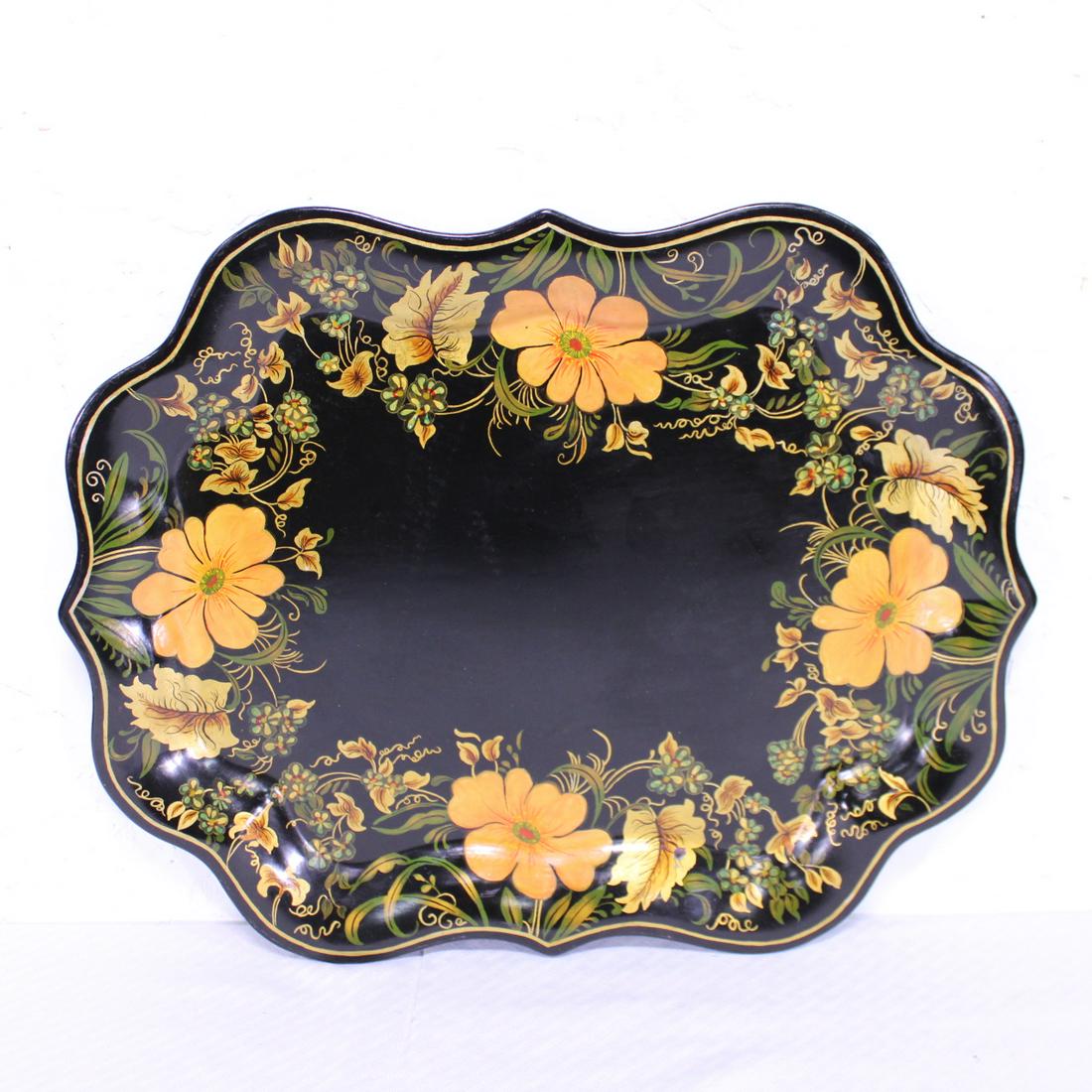 Black Tole Painted Tray With Gold Accents - Floral (1 of 5)