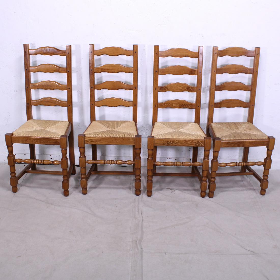 Set of 4 Ladderback Rush Seat Rustic French Oak Chairs (1 of 5)