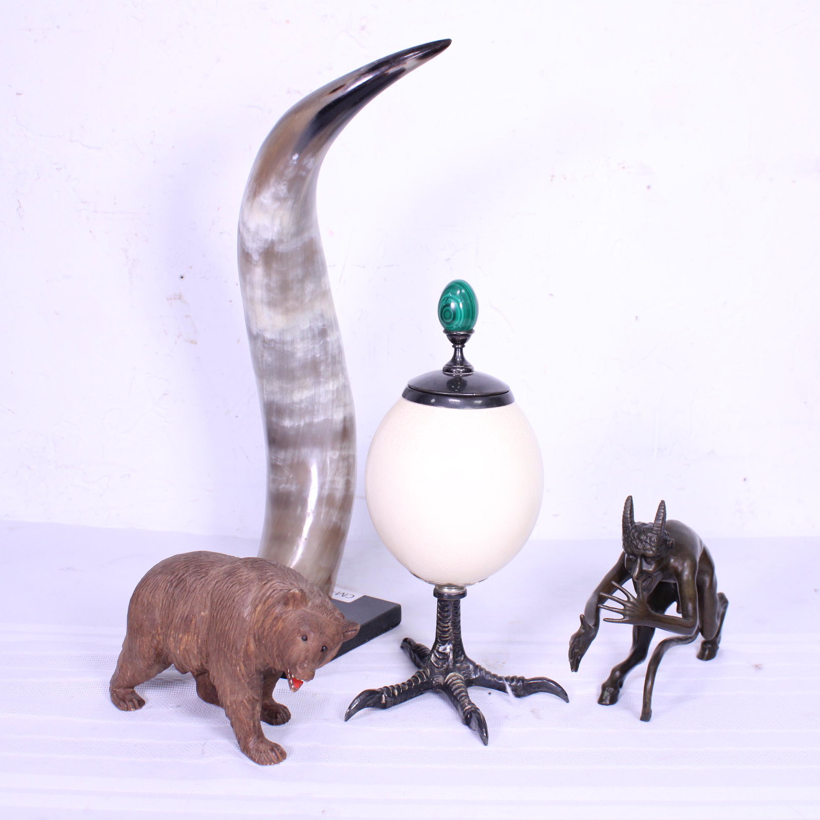 4pcs - Horn, Ostrich Footed Egg Dish, Bear, Goblin: 4pcs - Horn, Egg Figure, Bear, Goblin figure - 12 in tall x 7 x 7