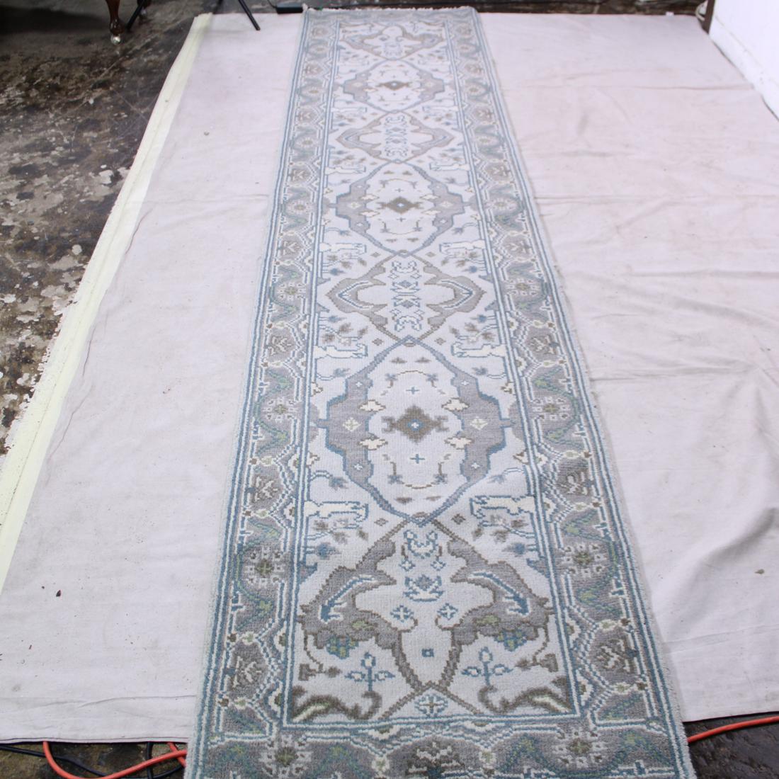 Handmade Runner Rug in soft Green & Grey Tones: Handmade Runner Rug in soft Green & Grey Tones - 2 foot 7 inches x 12 foot