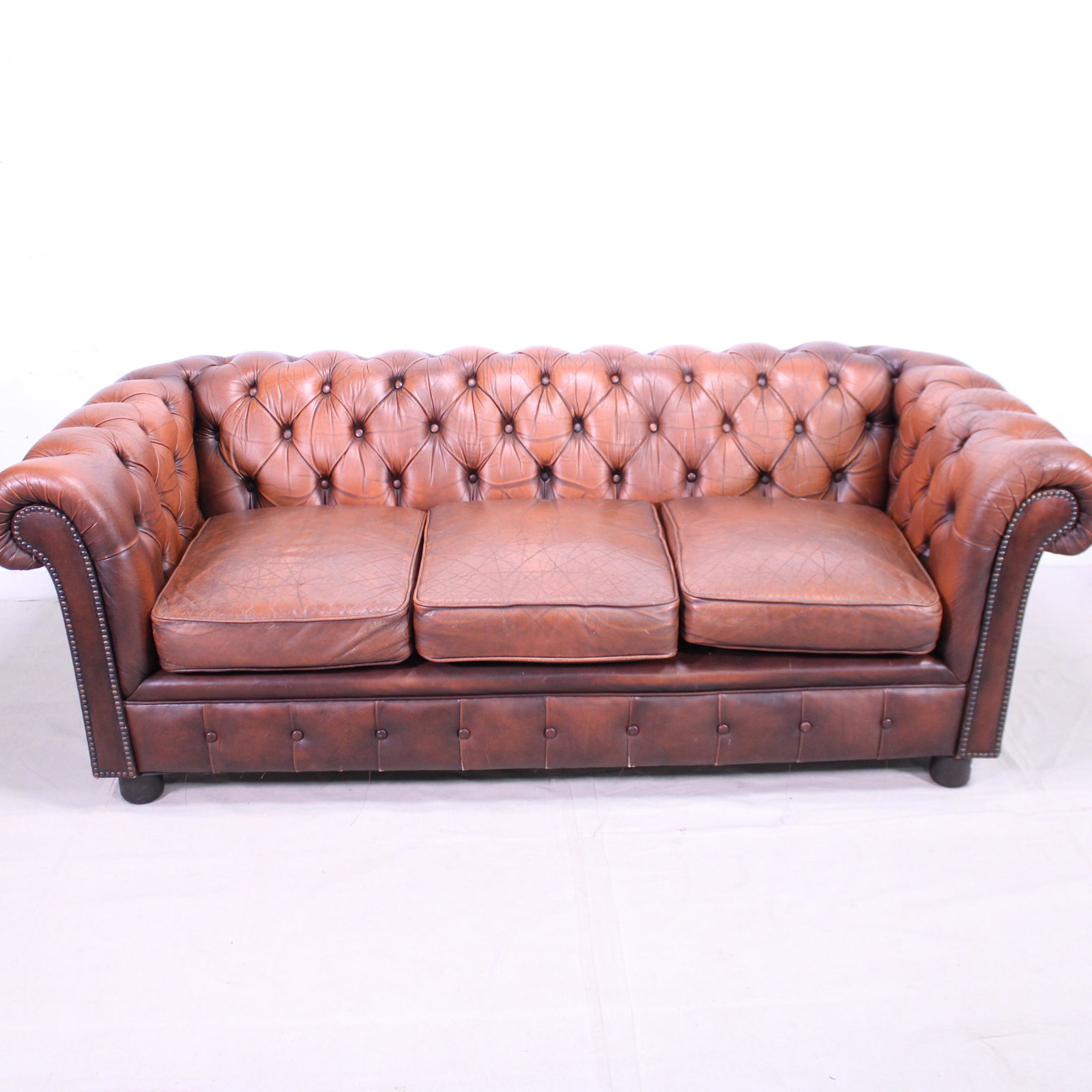 British Brown Leather Chesterfield Sofa - Crackled: British Brown Leather Chesterfield Sofa - Crackled Patina - 23 in tall x 75 x 35