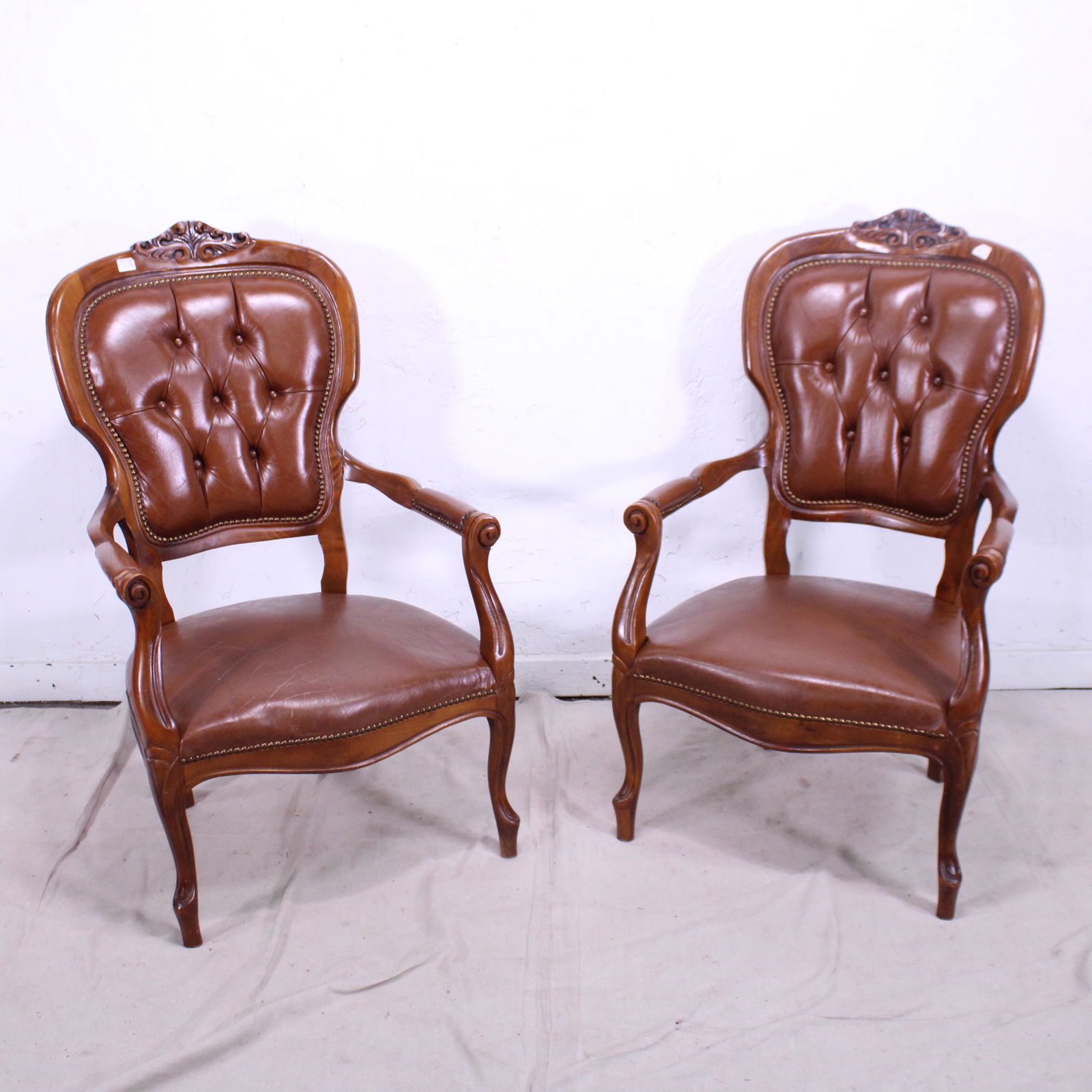 Pair French Arm Chairs with Brown Leather (1 of 7)