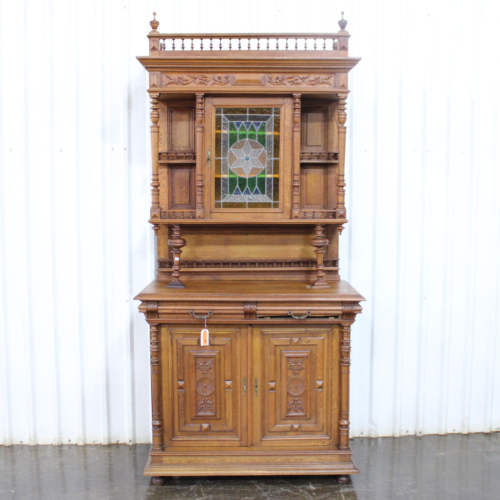Oak Double Buffet with Stained Glass Door (1 of 6)
