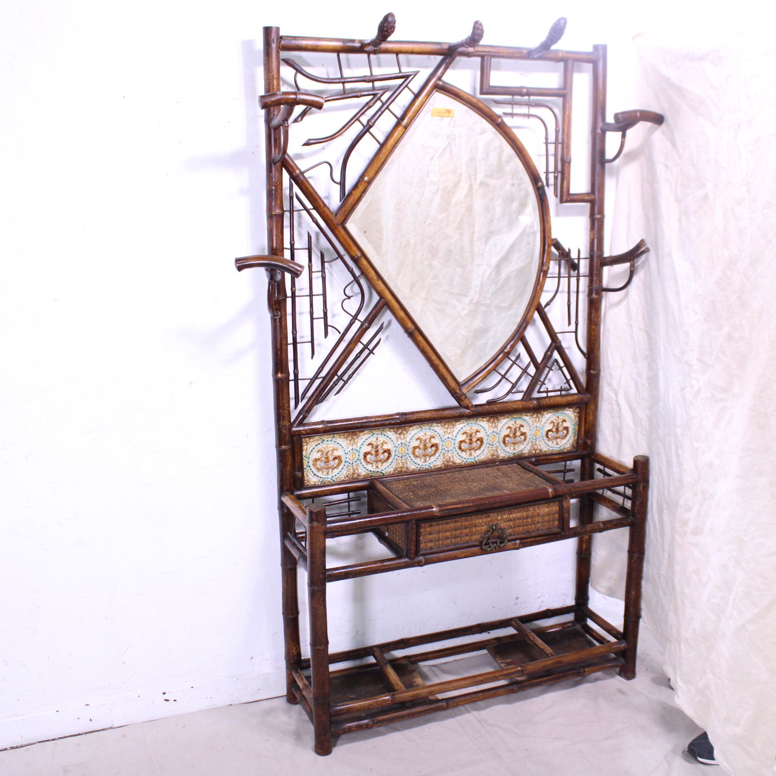 Bamboo Hall Stand with Shaped Beveled Mirror & Tile (1 of 6)