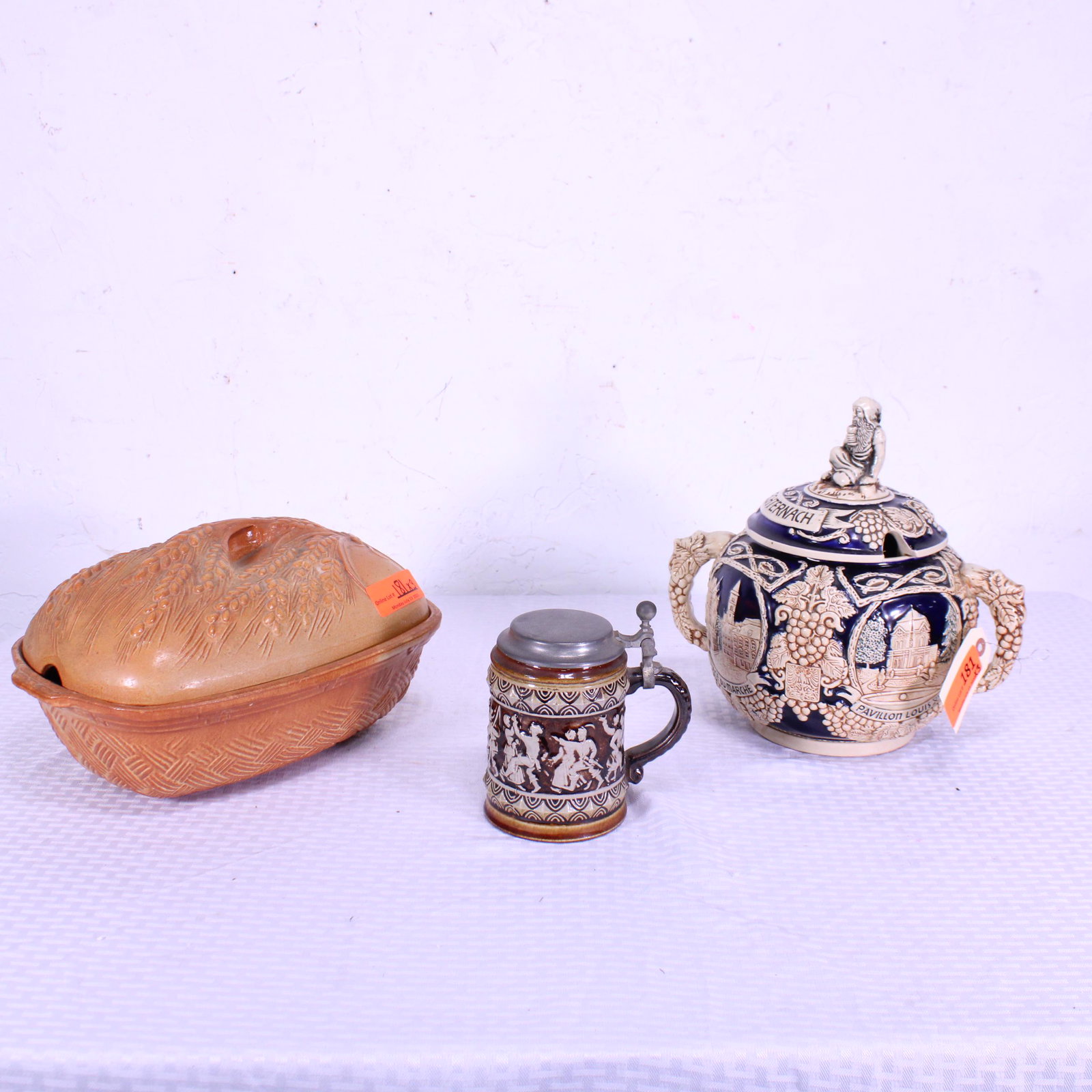 3pcs - Earthenware Tureen, Stein, German Tureen: 3pcs - Earthenware Tureen, Stein, German Tureen - 11 in tall x 12 x 9 (measurements for largest item only)