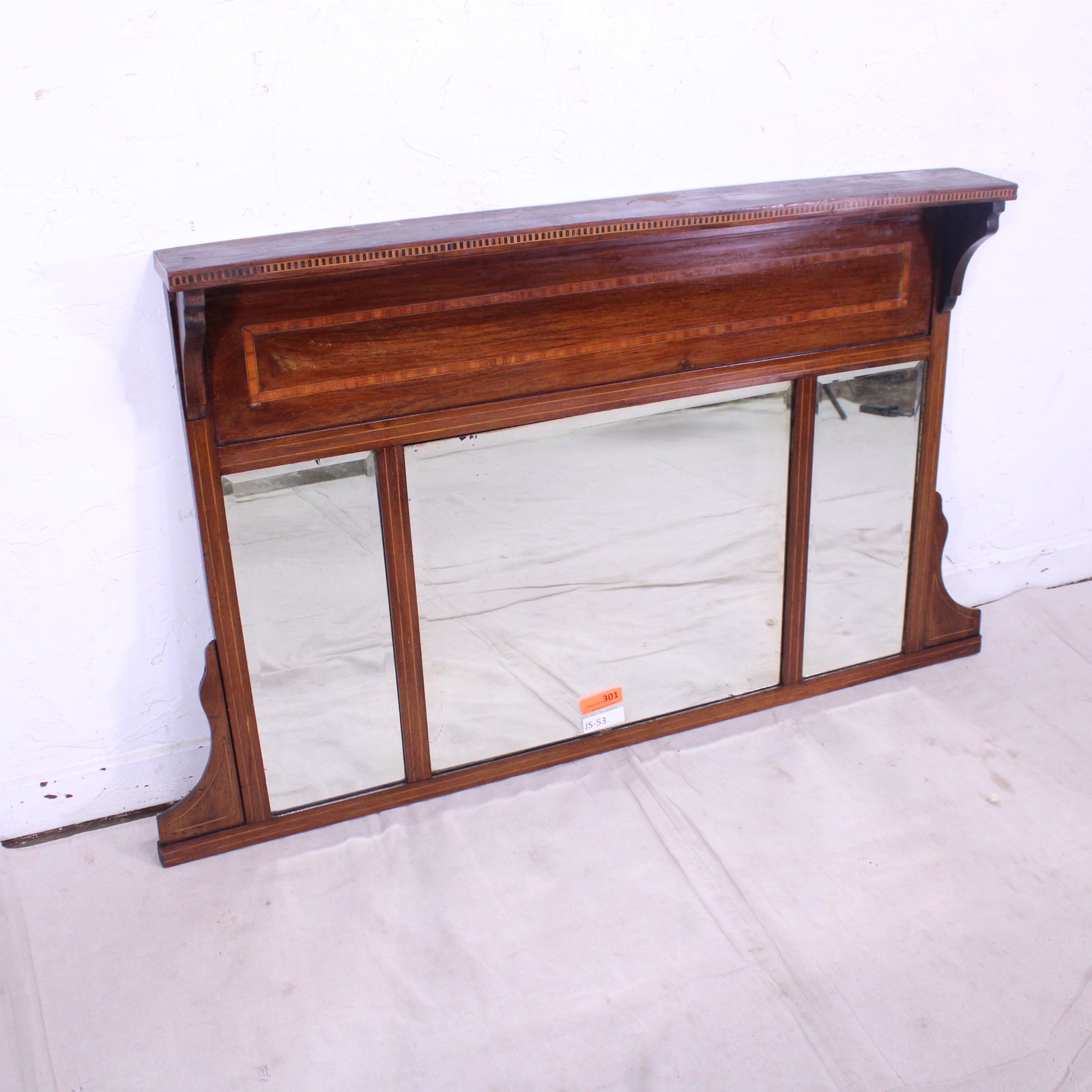 Over mantle Mahogany 3 Panel Beveled Inlaid Mirror (1 of 5)