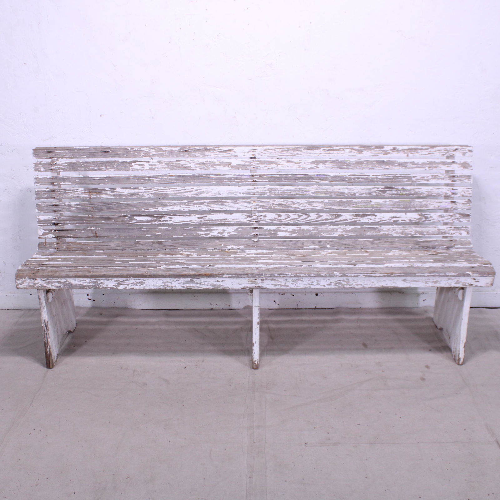 Vintage Farmhouse Slatted Wood Bench with Chippy Paint (1 of 4)
