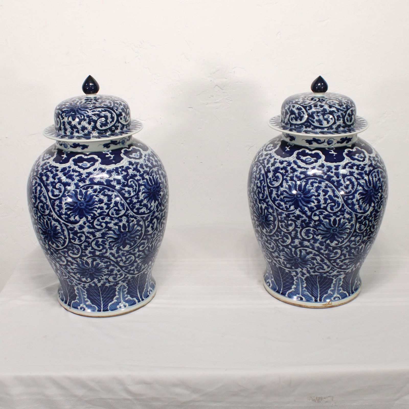Pair of Large Round Blue & White Ceramic Urns (1 of 4)