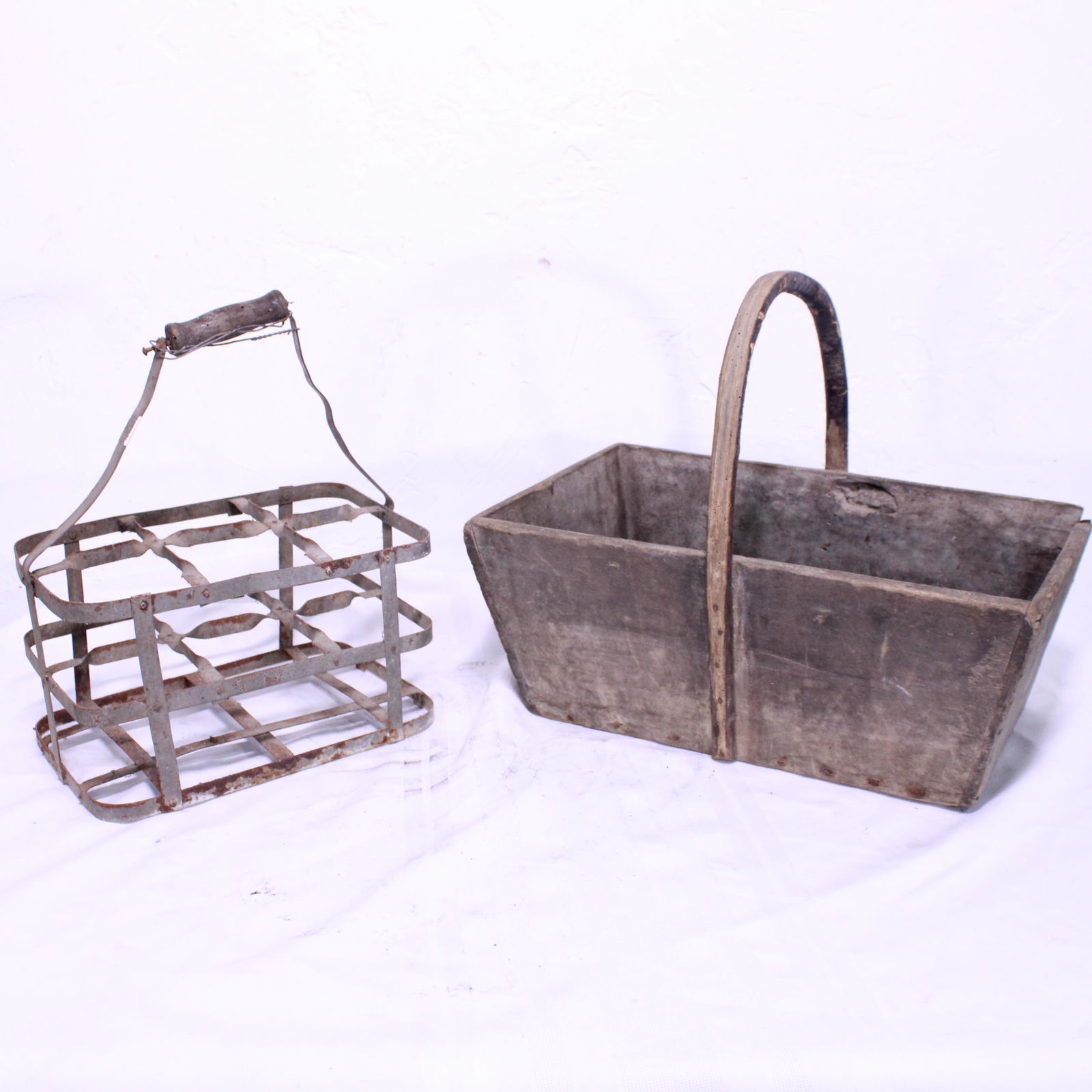 French Wooden Grape Basket & Metal Bottle Carrier (1 of 3)