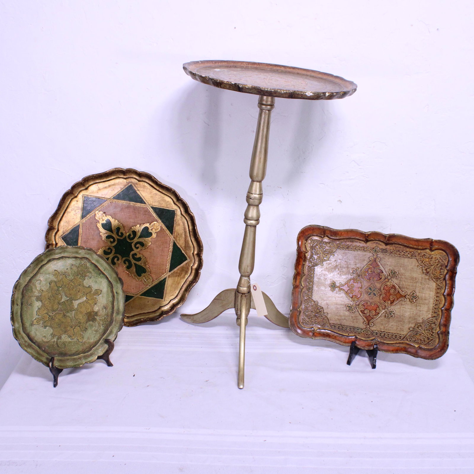 Three Florentine trays & a Florentine Wine Table: Three Florentine trays & a Florentine Wine Table - largest tray is 18 x 18 x 1 & table is 29 in tall x 16 x 16