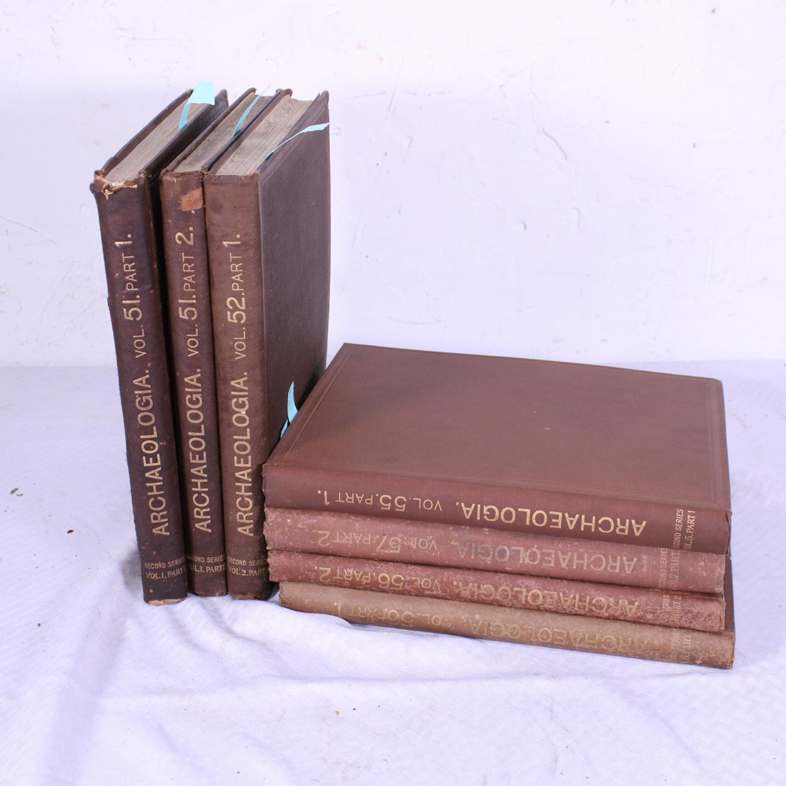 ARCHAEOLOGIA, SECOND SERIES, 7 VOLUMES: ARCHAEOLOGIA, SECOND SERIES, 7 VOLUMESVolume 51, parts 1 &2, 1888; one w/ loose spine; volume 52, part 1, 1890; volume 55, part 1, 1896; volume 56, parts 1 & 2, 1898/99; volume 57, part 2, 1901; quart