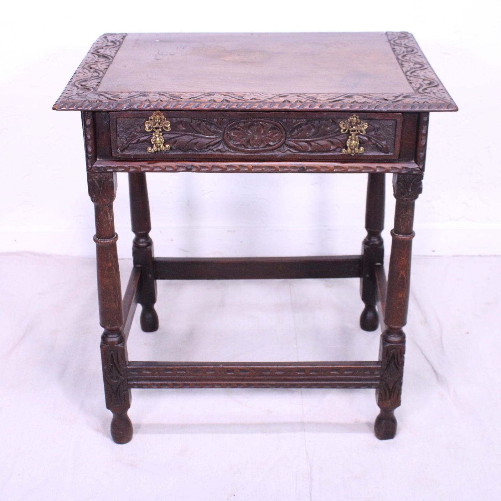 British Carved Oak Turned Table with a Drawer (1 of 7)
