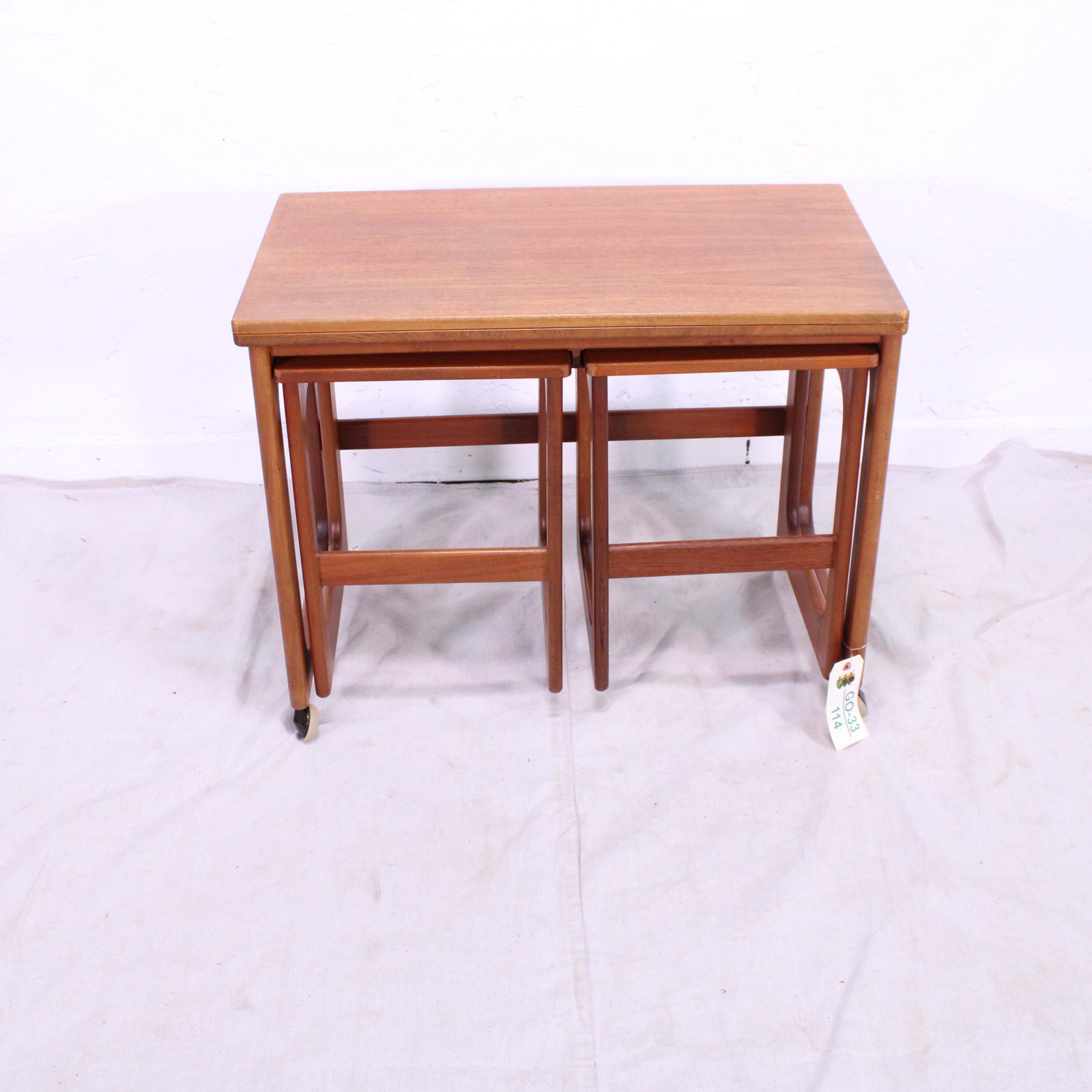 Mid Century Triform Flip Top Nest by McIntosh: Danish Modern Style Teak Triform Flip Top Nest by McIntosh - 24 tall x 30 x 17