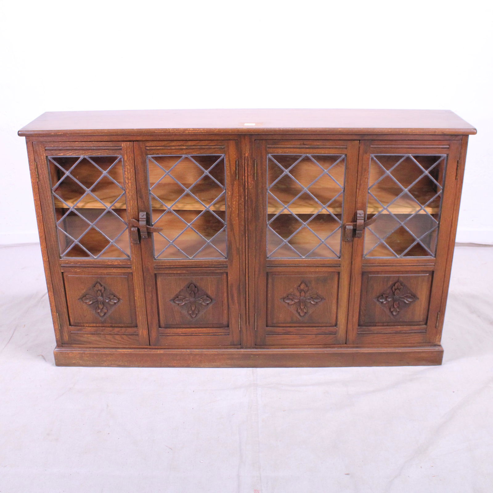 English Oak Bookcase with Diamond Glass & Carved Doors (1 of 5)