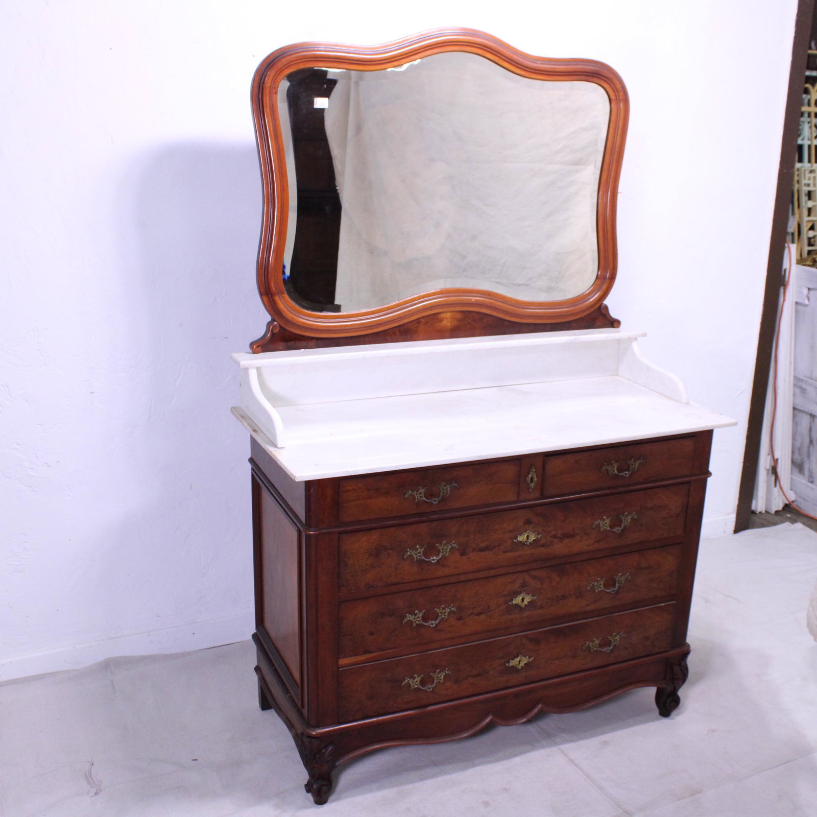Marble Top Dresser with Mirror: Marble Top Dresser with Mirror 69 tall x 46 wide x 21 deep. Matches Lot 106