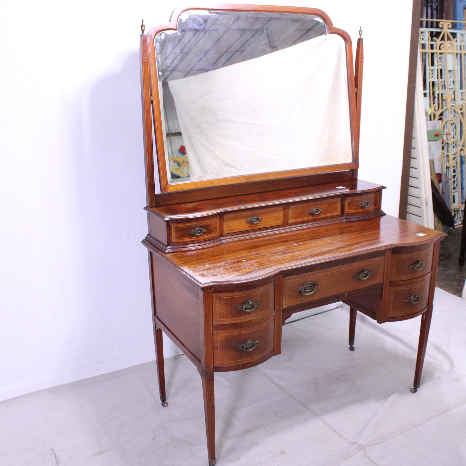 Inlaid Mahogany Dressing Table with Beveled Mirror: Inlaid Mahogany Dressing Table with Beveled Mirror - 73 in tall x 49 x 26